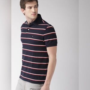 EUC Men’s Size Medium Tommy Hilfiger Performance Pique Striped Polo Shirt Navy